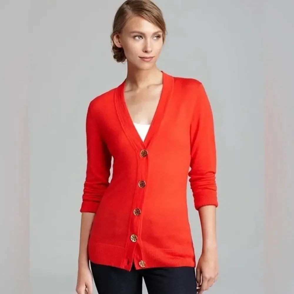 Tory Burch Red Button Front V Neck Cardigan Sweater - Small